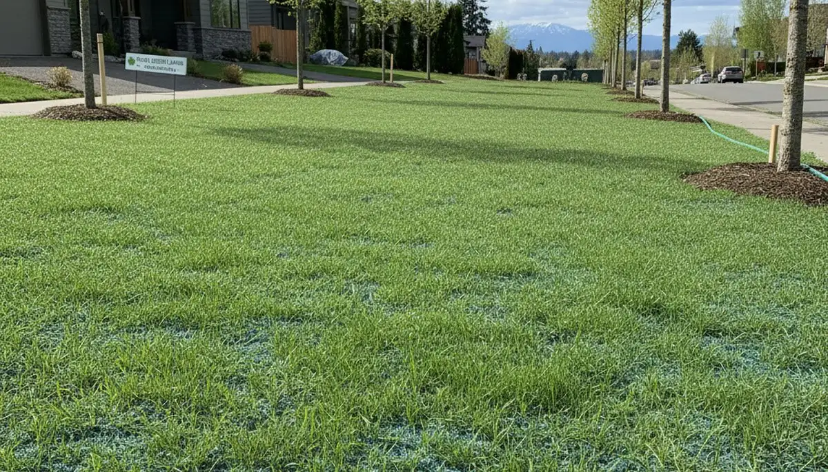 Hydroseeded lawn with new grass seedlings germinating in Seattle, WA by Chop Chop Landscaping