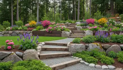 Terraced garden with timber steps and native plants by Seattle, WA landscaping professionals